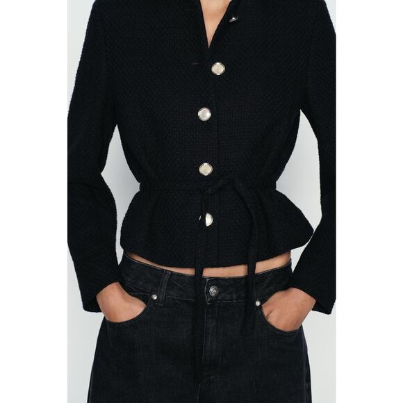 Zara Belted Textured Blazer Size XL Black Gold Metal Buttons Cropped Tie NWOT - Picture 3 of 12